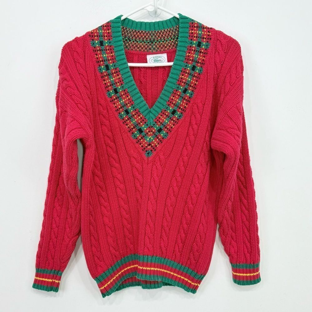 Izod Lacoste Red Green Cable Knit 100% Cotton Preppy Vintage Holiday Sweater